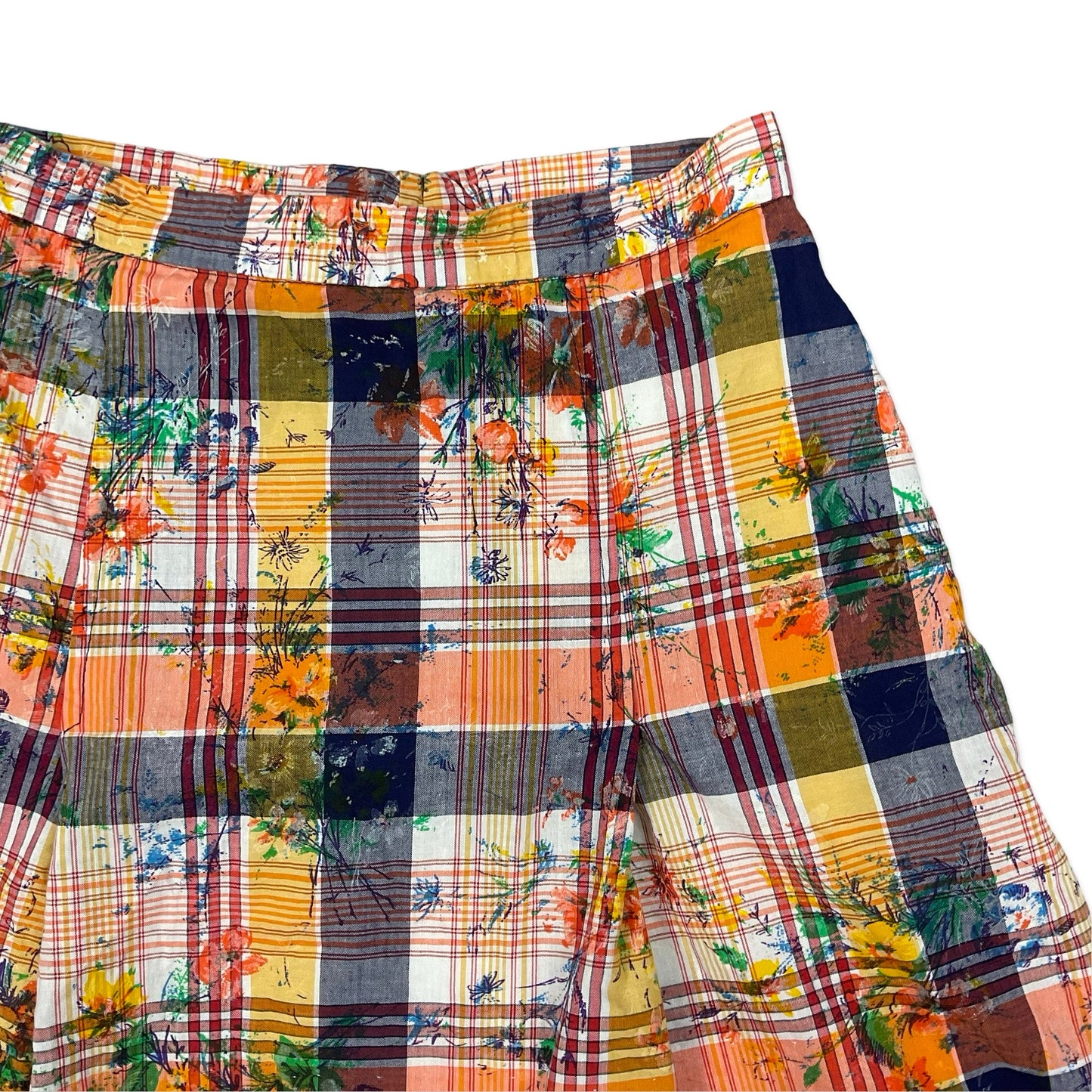 Vintage Orange & Navy Plaid Floral Print Box Pleat Mini Skirt 8