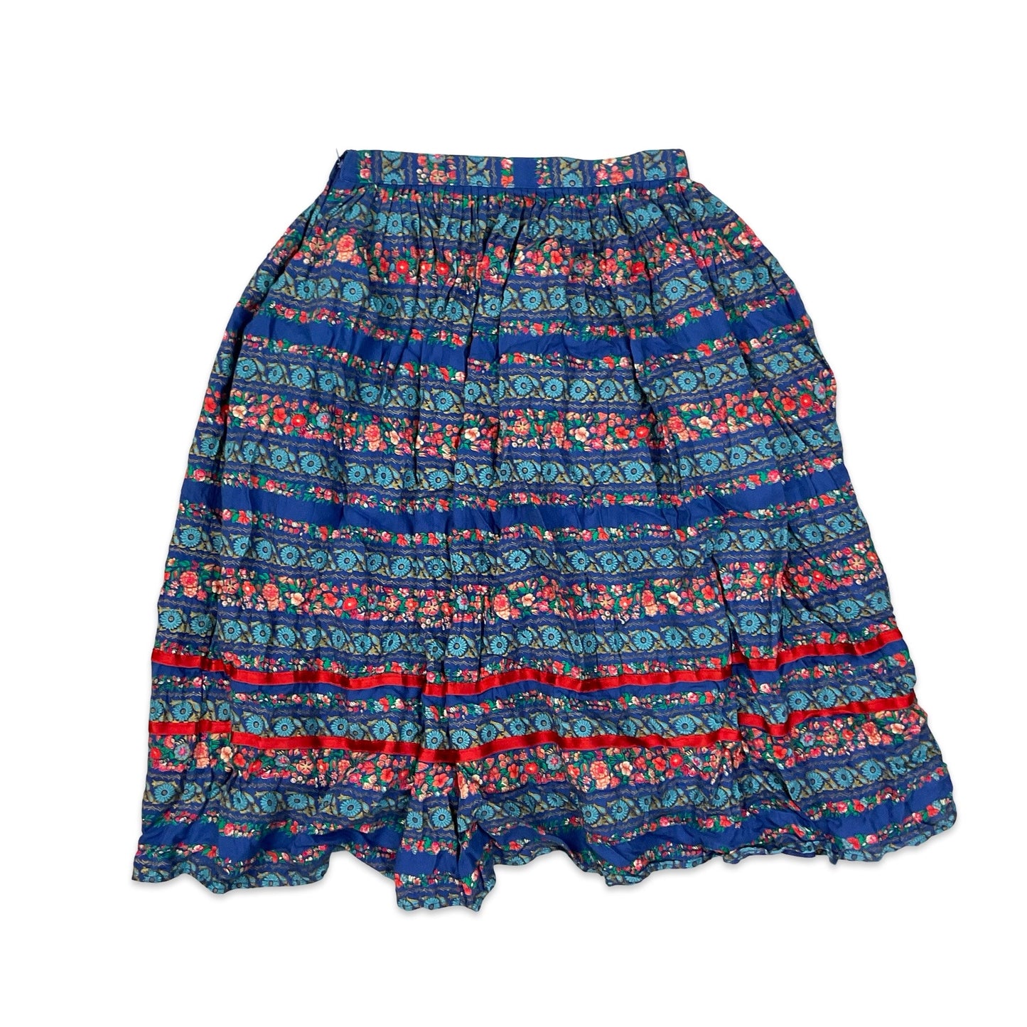 Vintage Blue Floral Print Boho Pleated Midi Skirt 6