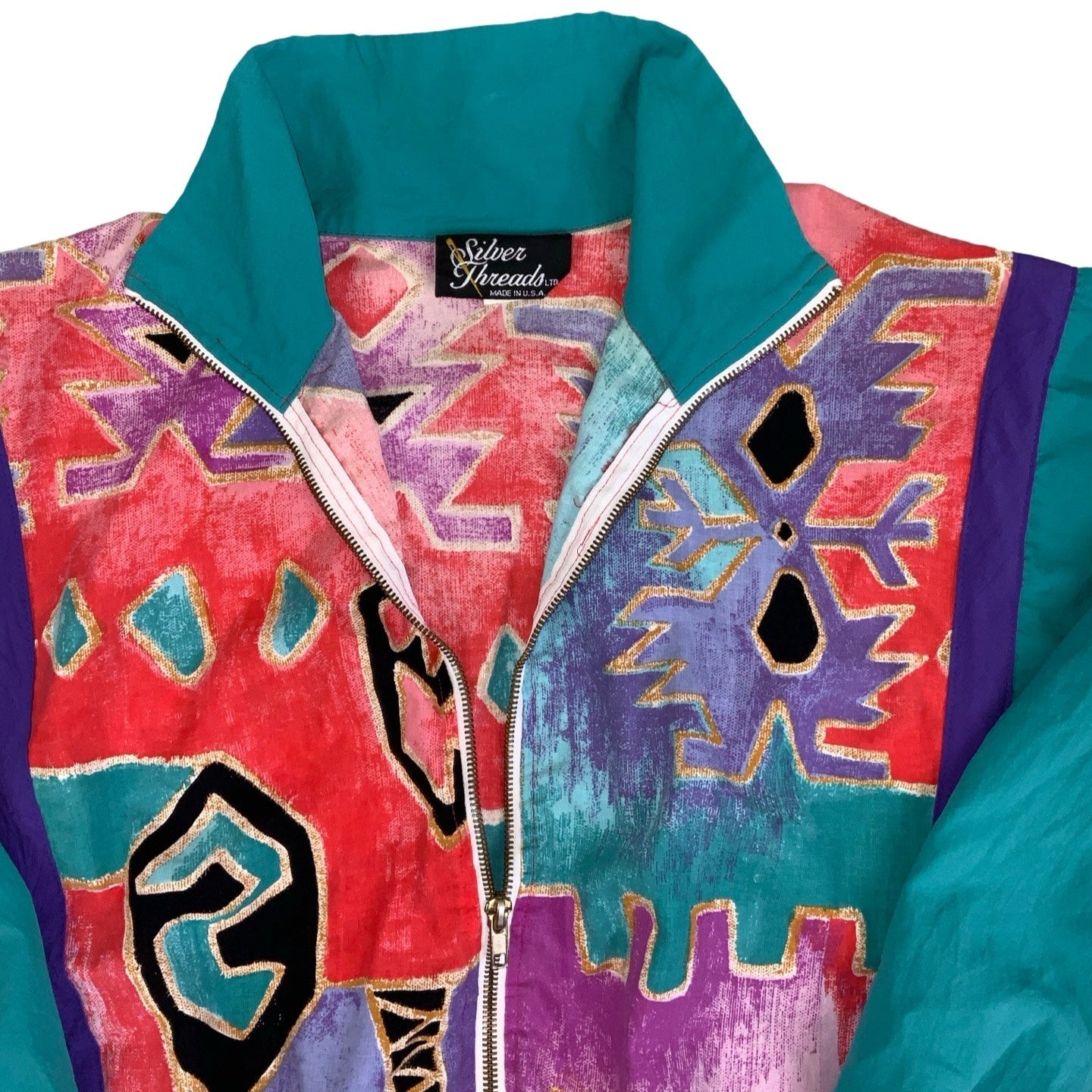 Vintage 80s 90s ‘Silver Threads’ Green Pink Purple Crazy Patterned Windbreaker Bomber Jacket M L