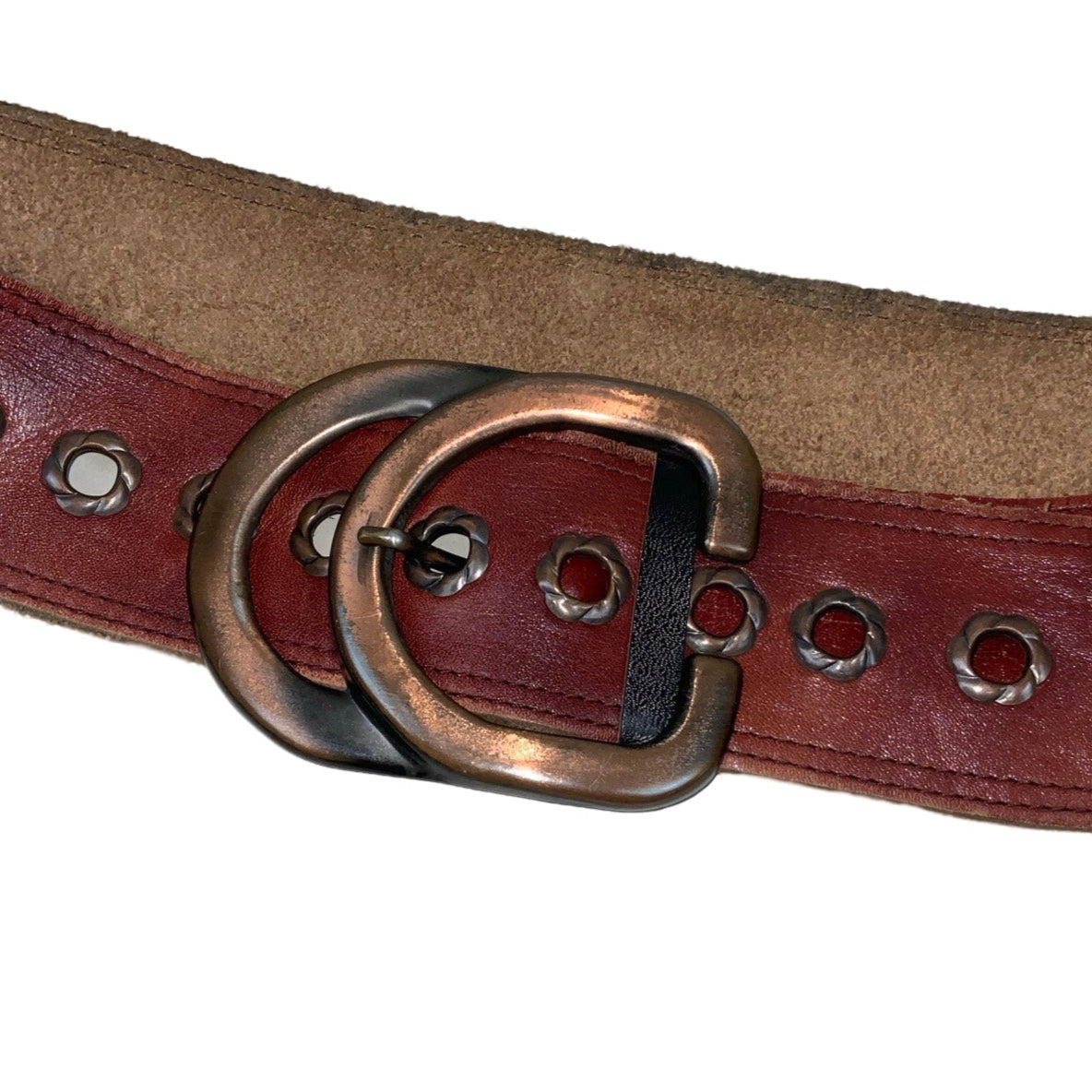 Vintage 90s 00s Thick Red Burgundy Leather Double D-ring Buckle Belt