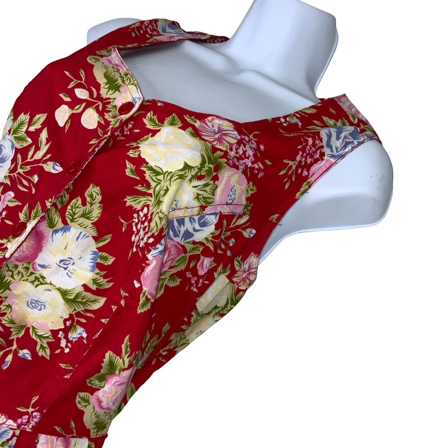 Vintage 80s 90s 'Citilites' Red Floral Aline Pockets Sleeveless Midi Dress 14 16 18