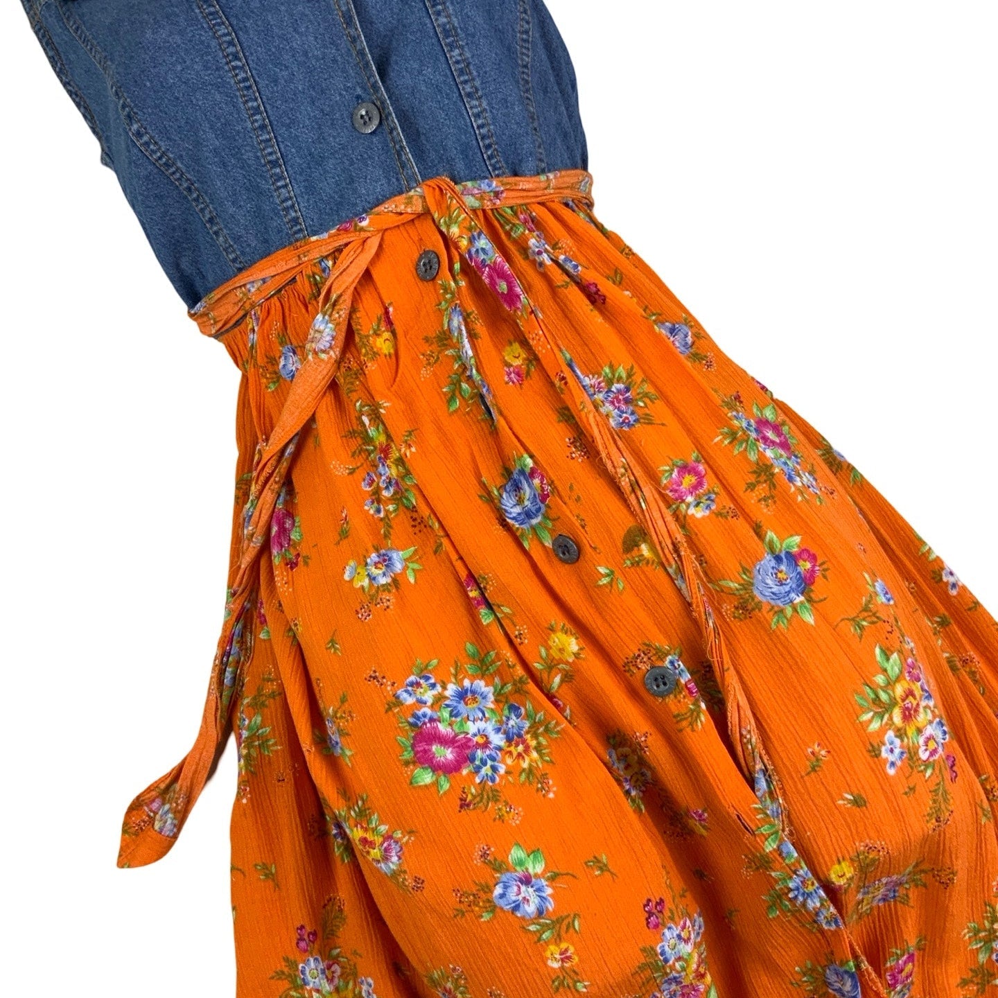 Vintage 90s Y2K Orange Floral Midi Sleeveless Denim Summer Dress 6 8 XS