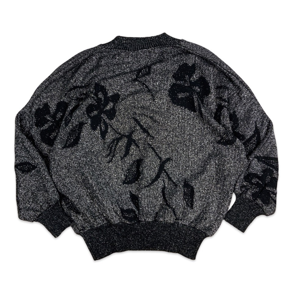 Vintage Knitted Lurex V-neck Floral Jumper Black Silver 14 16 18 20