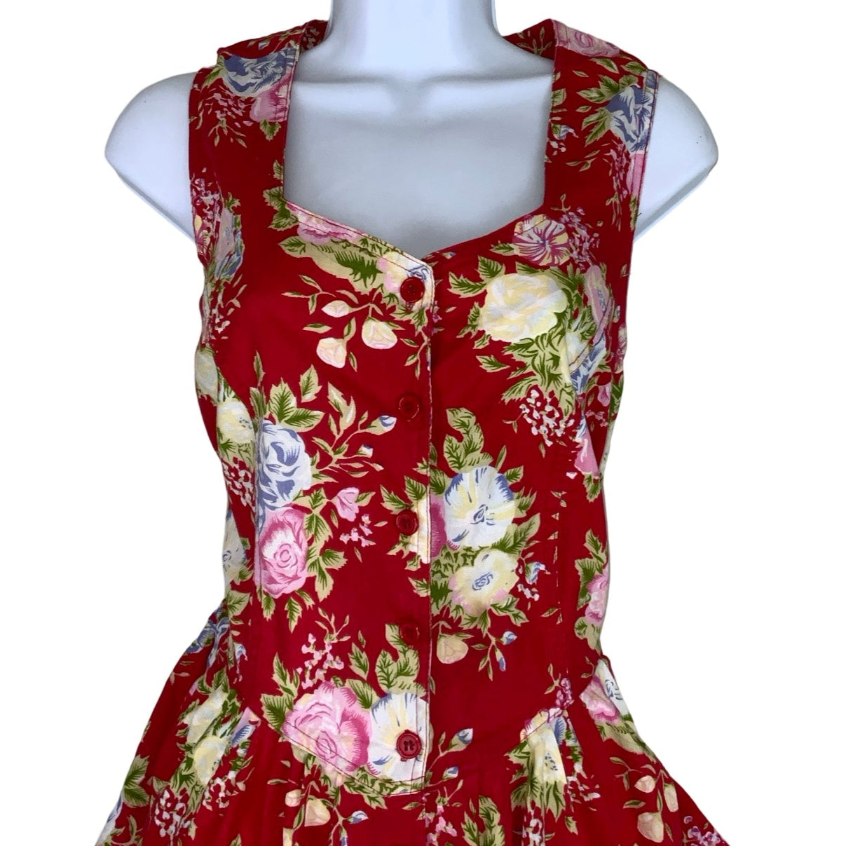 Vintage 80s 90s 'Citilites' Red Floral Aline Pockets Sleeveless Midi Dress 14 16 18
