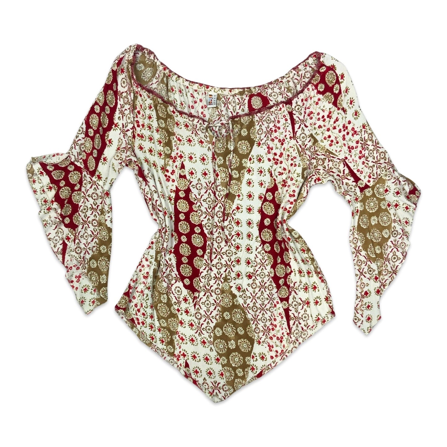Vintage White Khaki & Red Floral Boho Top 16