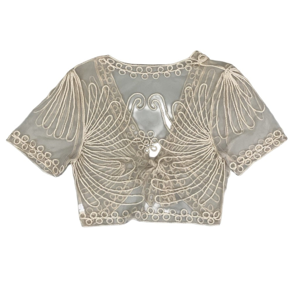 Vintage Y2K Cream Floral Embroidered Crop Tie-Top Bolero Blouse 6 8 XS