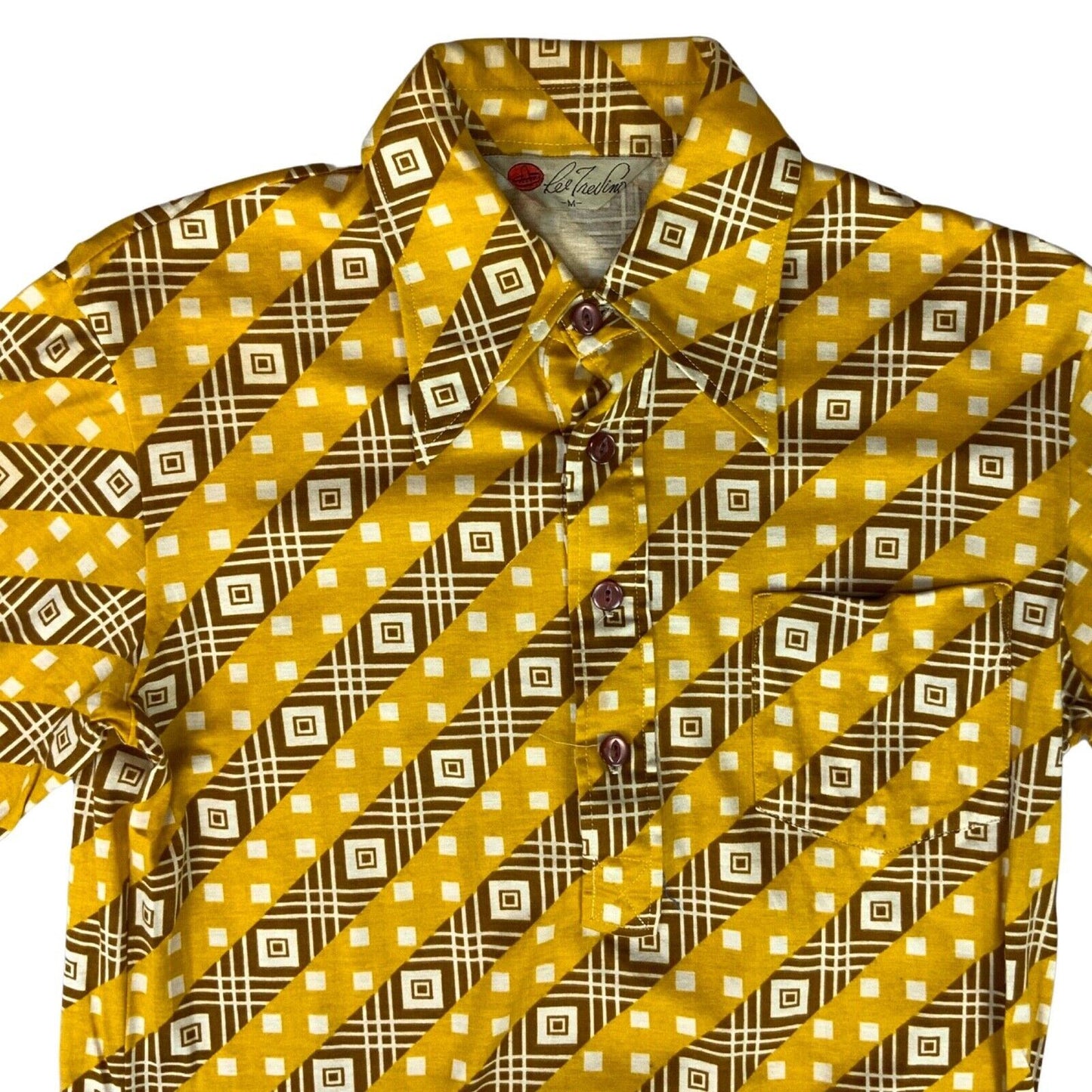 VTG 70s BIG COLLAR MENS POLY SMOCK SHIRT GEOMETRIC PSYCHEDELIC PRINT 36” (34) XS