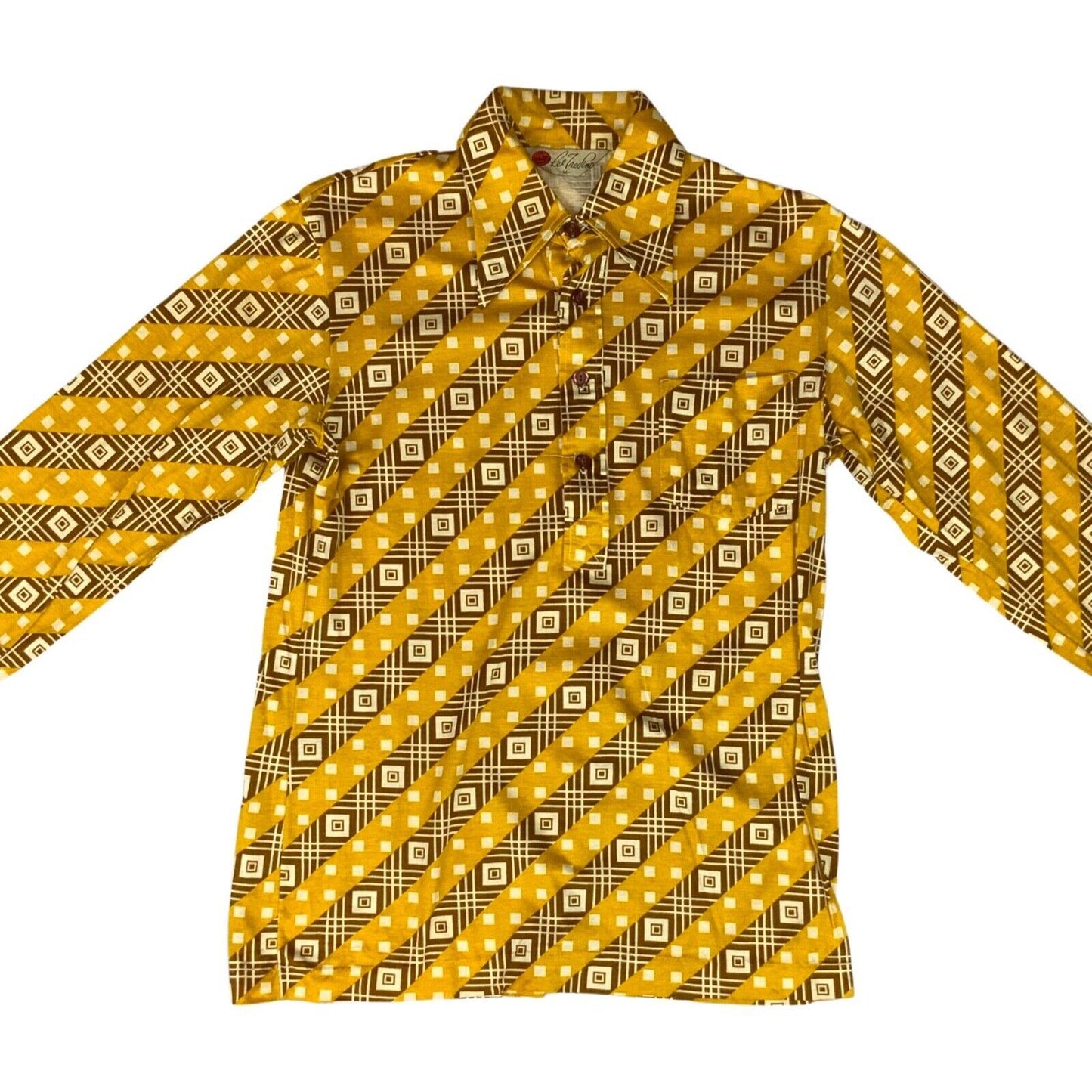 VTG 70s BIG COLLAR MENS POLY SMOCK SHIRT GEOMETRIC PSYCHEDELIC PRINT 36” (34) XS