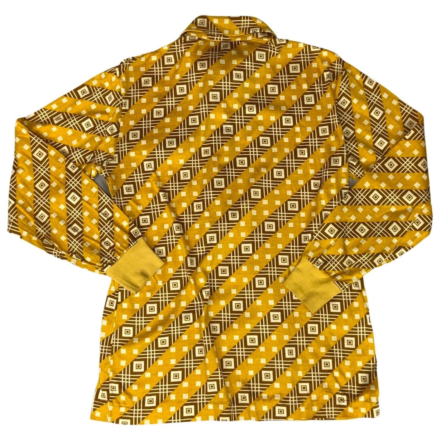 VTG 70s BIG COLLAR MENS POLY SMOCK SHIRT GEOMETRIC PSYCHEDELIC PRINT 36” (34) XS