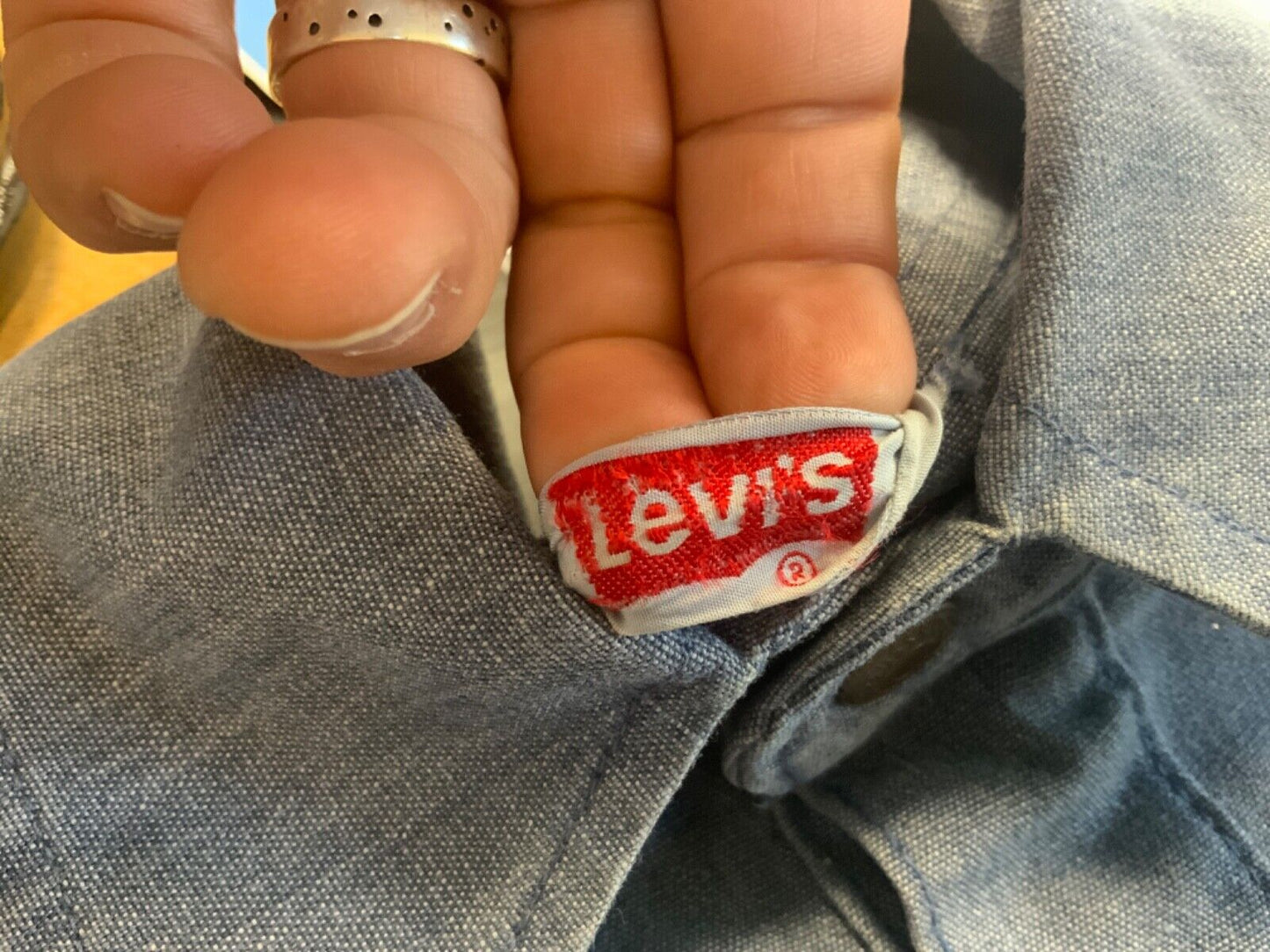 ORIGINAL VTG 1970s LADIES LEVIS BIG E WHITE TAB WESTERN DENIM SHIRT COWBOY 38”