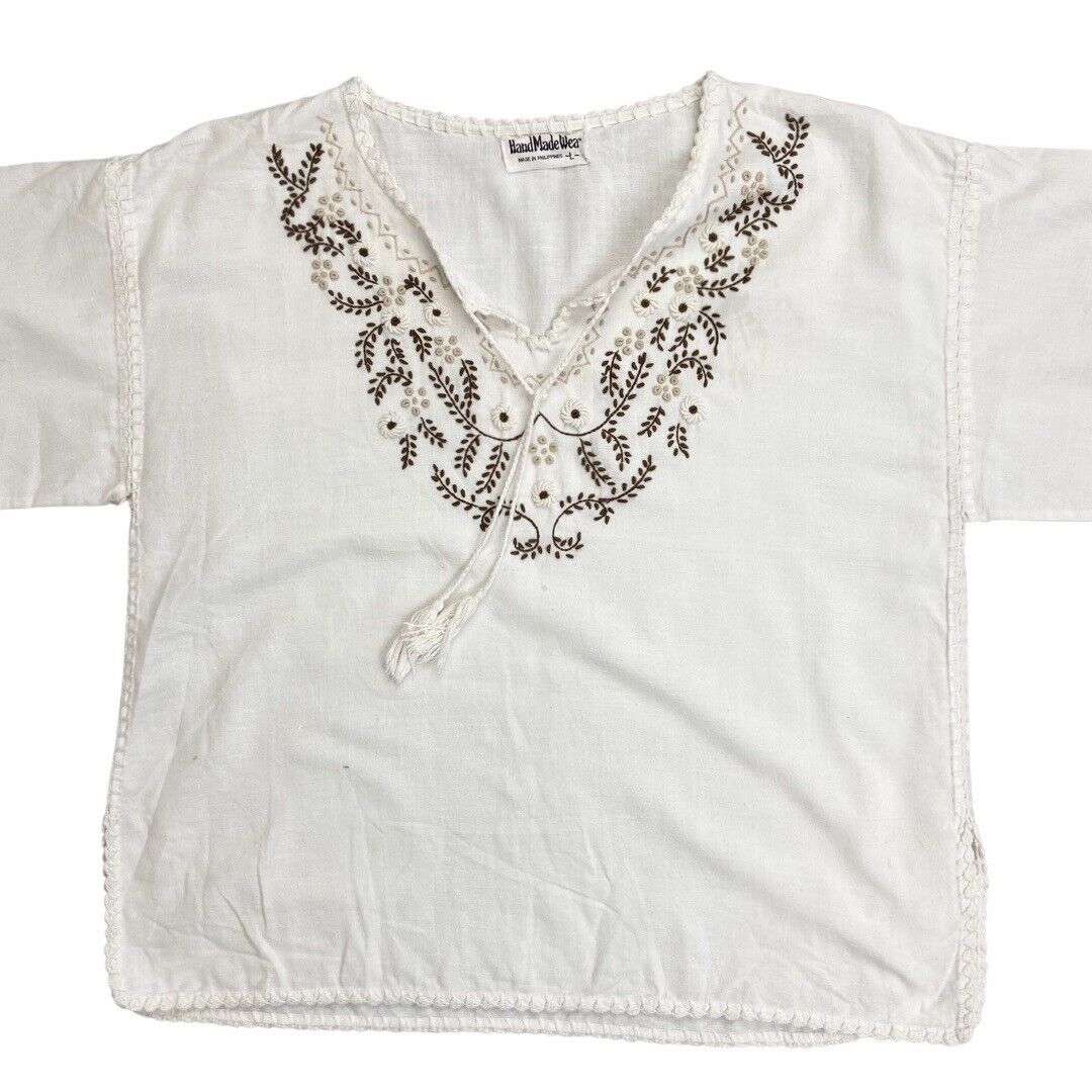 Vintage 90s 00s White Brown Embroidered Handmade Cotton Tunic Smock Blouse Top M