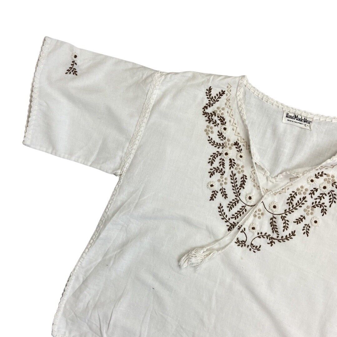 Vintage 90s 00s White Brown Embroidered Handmade Cotton Tunic Smock Blouse Top M
