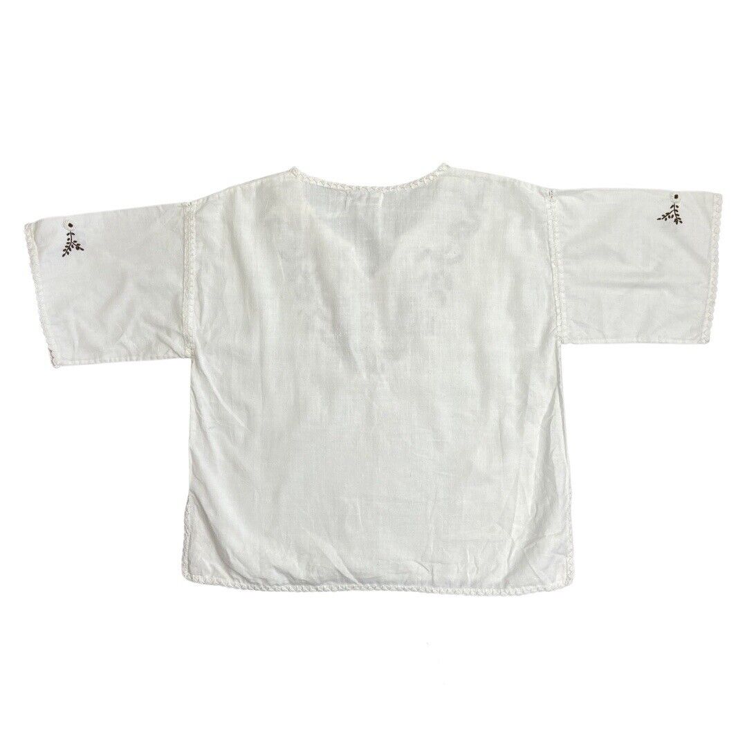Vintage 90s 00s White Brown Embroidered Handmade Cotton Tunic Smock Blouse Top M
