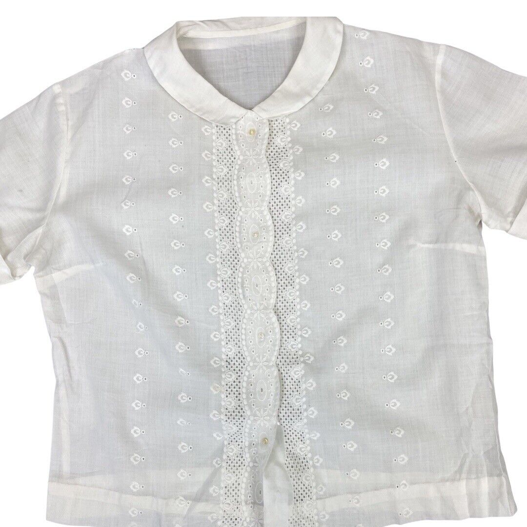Vintage 90s 00s White Embroidered Button Up Shirt Blouse Boho Whimsy Top M 12/14