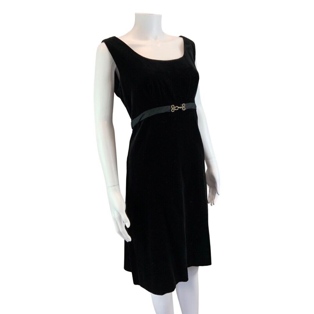 Vintage 60s 70s Black Velvet Belted Sleeveless Mid Length Mod Dress S 8/10