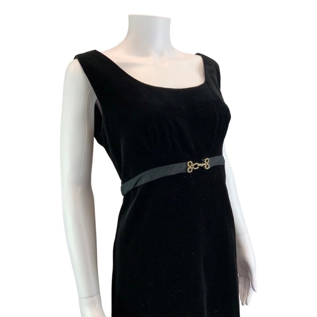 Vintage 60s 70s Black Velvet Belted Sleeveless Mid Length Mod Dress S 8/10