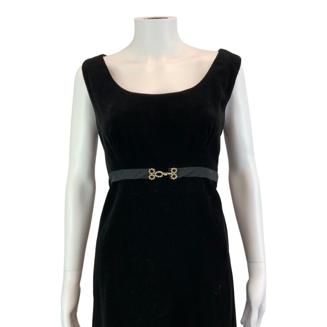 Vintage 60s 70s Black Velvet Belted Sleeveless Mid Length Mod Dress S 8/10
