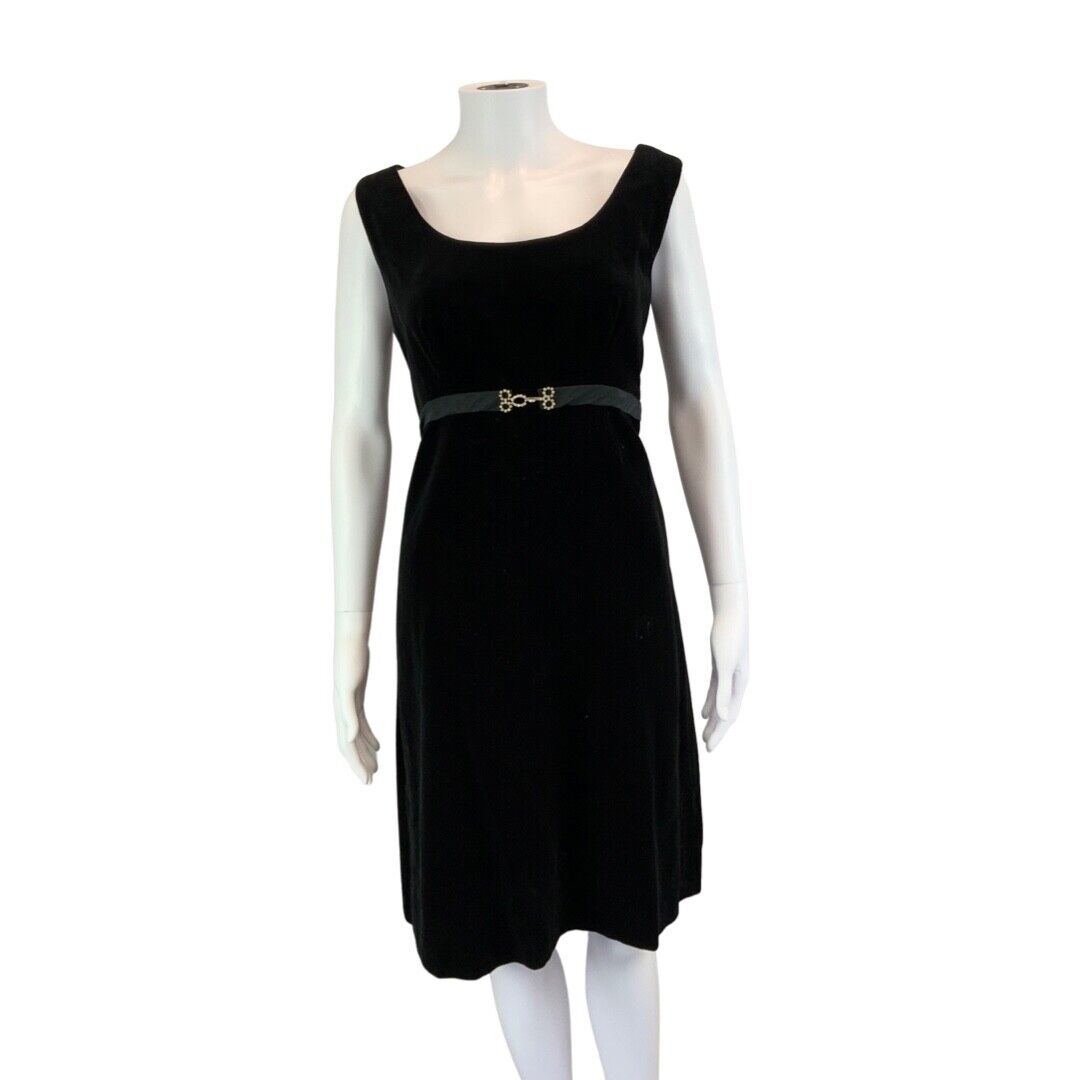 Vintage 60s 70s Black Velvet Belted Sleeveless Mid Length Mod Dress S 8/10