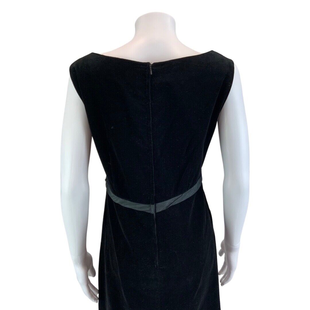 Vintage 60s 70s Black Velvet Belted Sleeveless Mid Length Mod Dress S 8/10