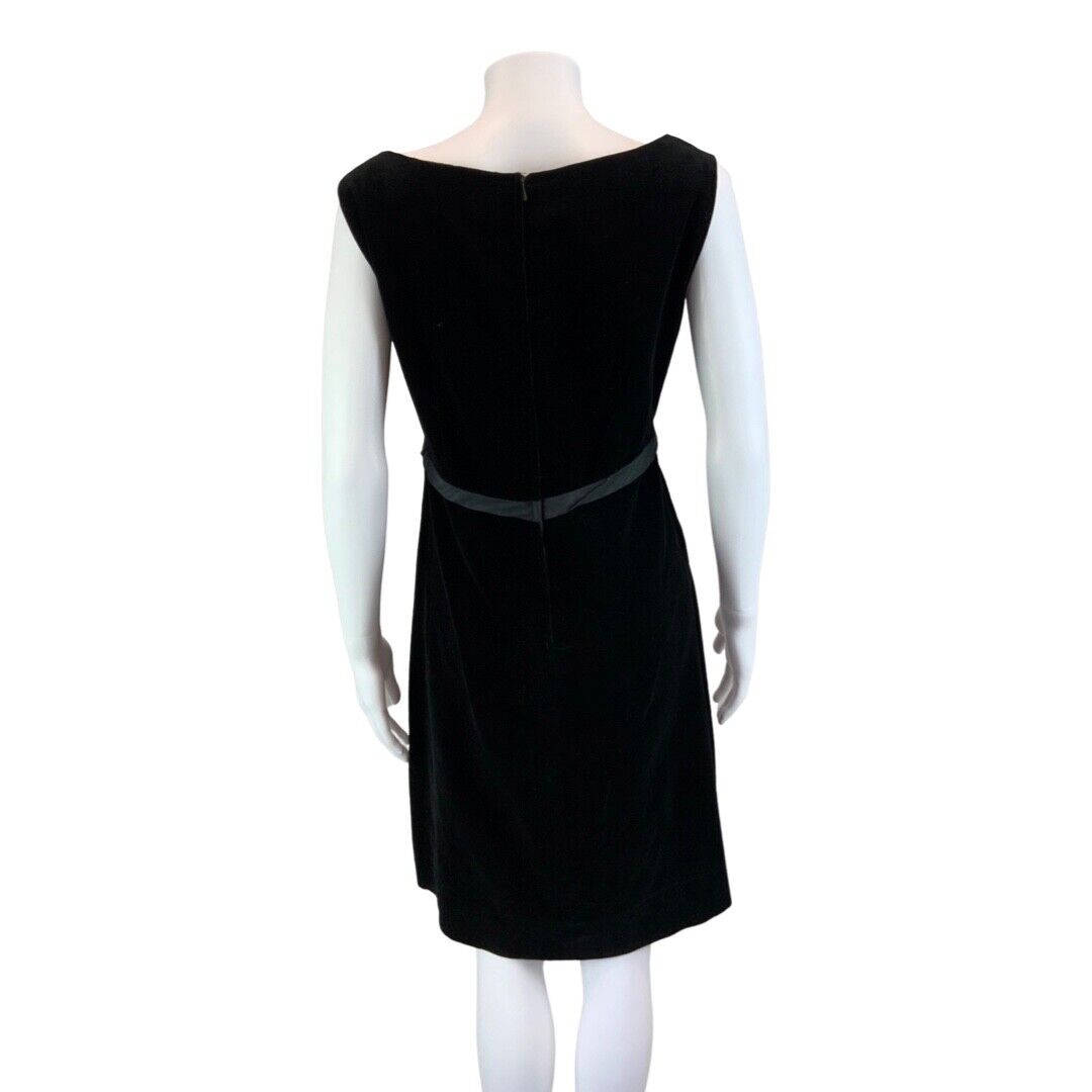 Vintage 60s 70s Black Velvet Belted Sleeveless Mid Length Mod Dress S 8/10