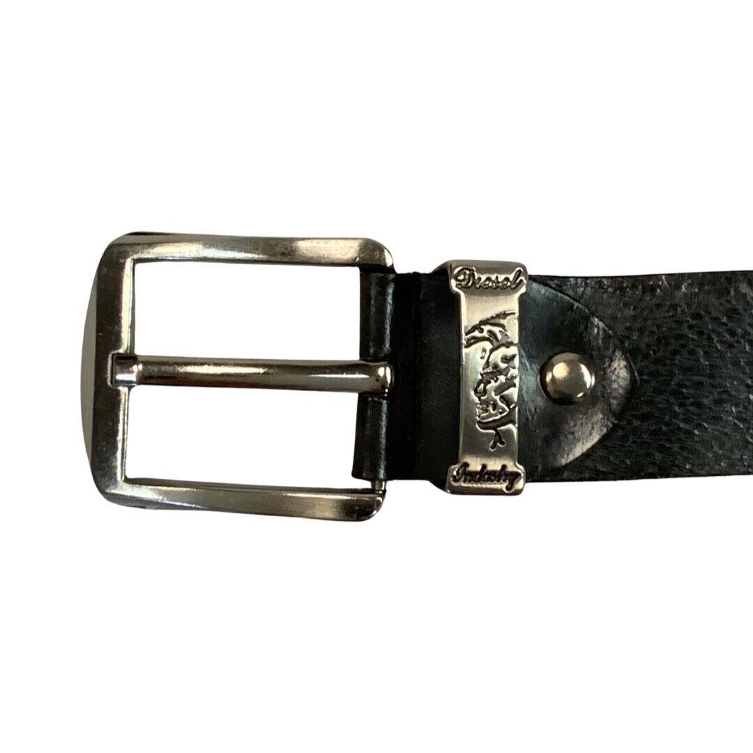 Vintage 90s 00s Black Engraved Diesel Designer Branded Leather Chunky Belt L/XL