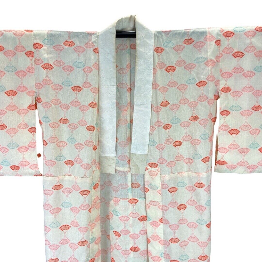 Vintage 60s 70s Cream Pink Blue Fan Print Komon Showa Kimono 12 14 M