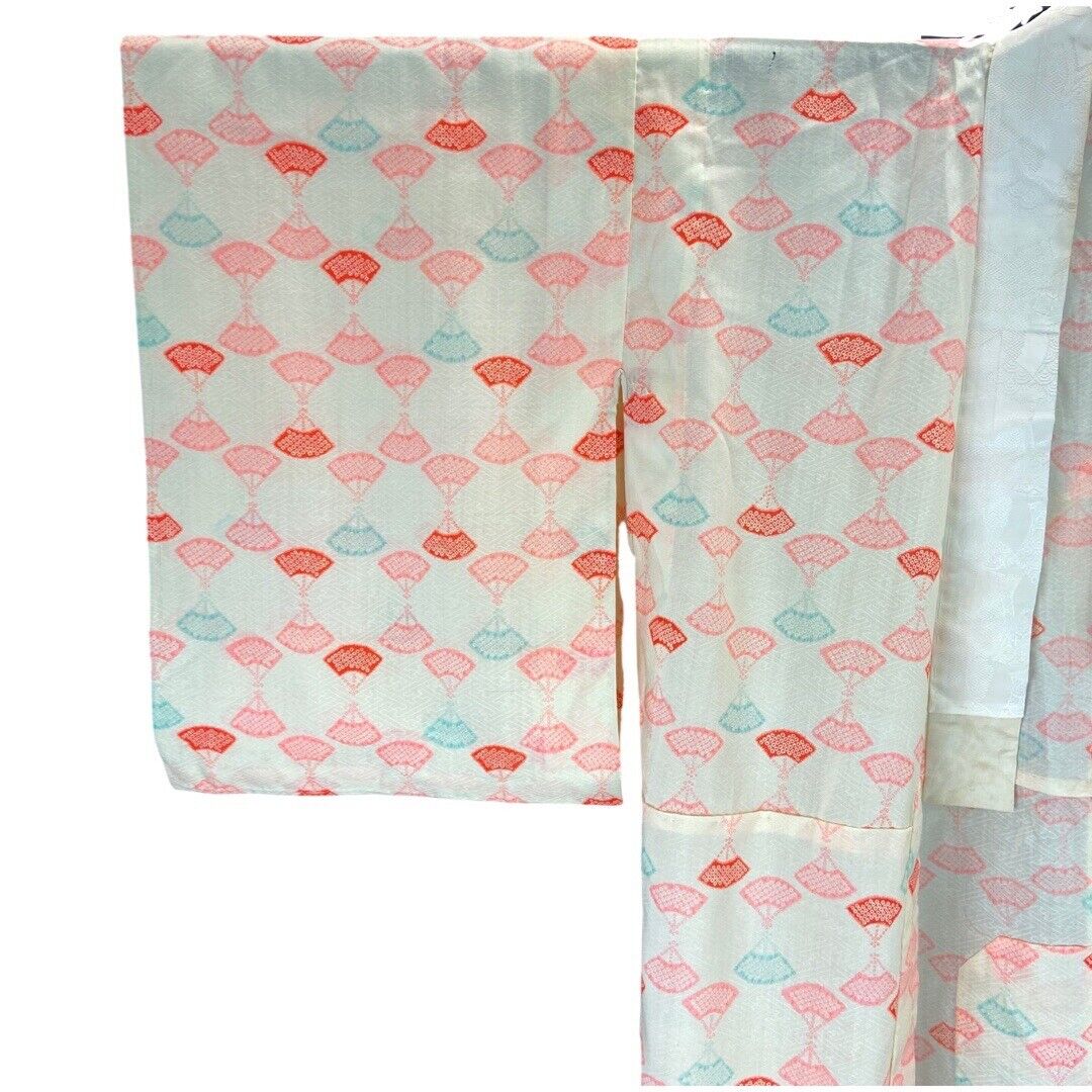 Vintage 60s 70s Cream Pink Blue Fan Print Komon Showa Kimono 12 14 M