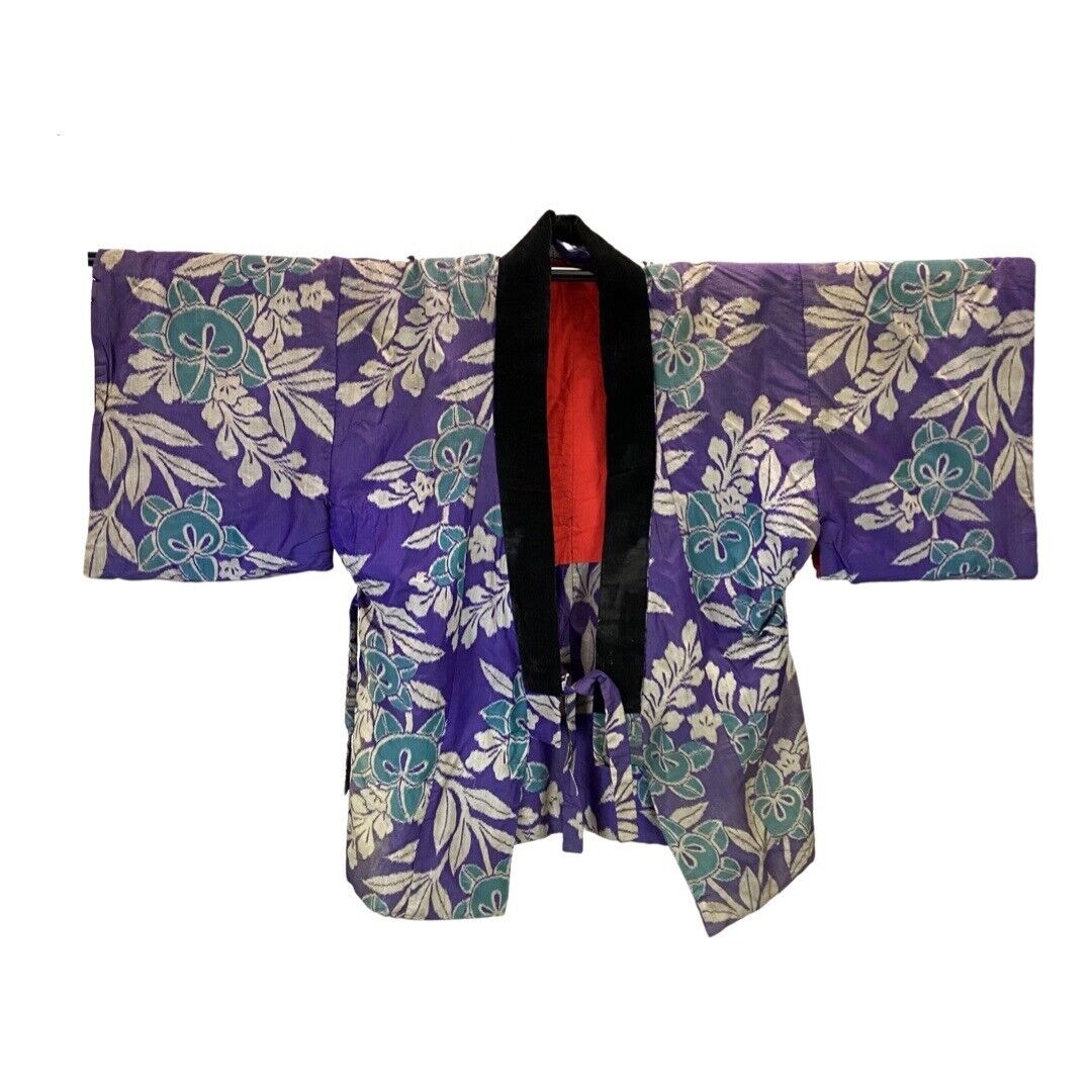Vintage 80s 90s Purple Velvet Floral Pattern Komon Haori Showa Kimono 18 XL