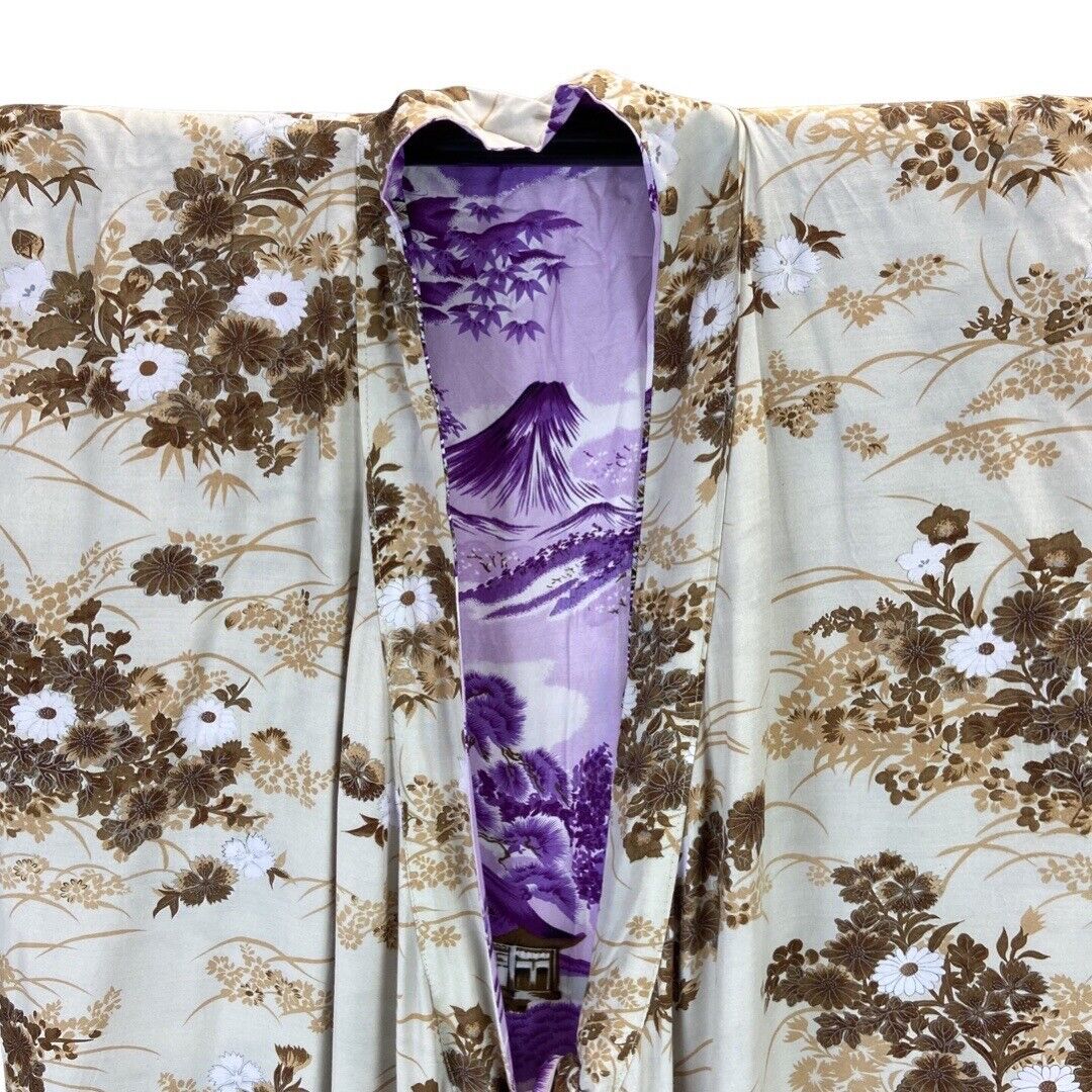 Vintage 80s 90s Beige Purple Floral Geometric Reversible Komon Kimono 14 16 L