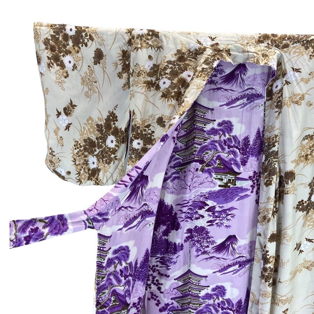 Vintage 80s 90s Beige Purple Floral Geometric Reversible Komon Kimono 14 16 L