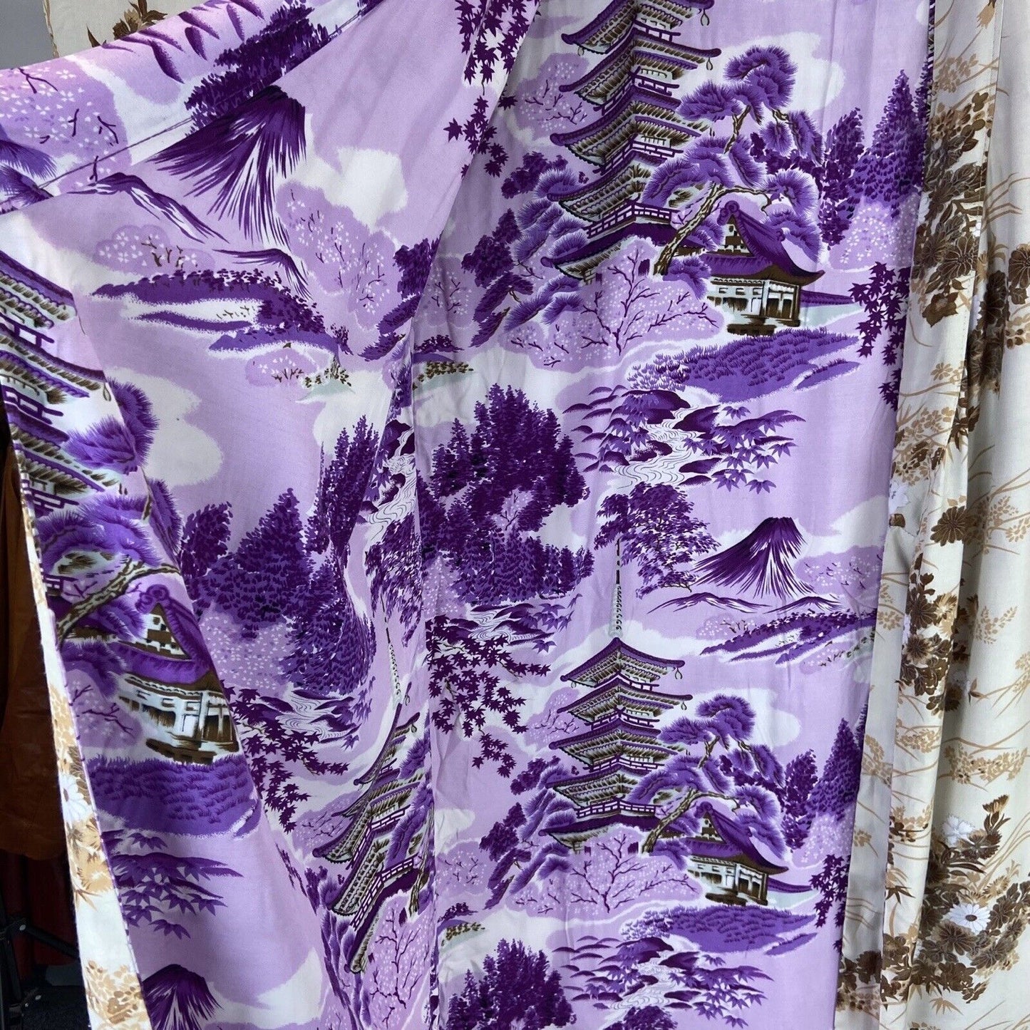 Vintage 80s 90s Beige Purple Floral Geometric Reversible Komon Kimono 14 16 L