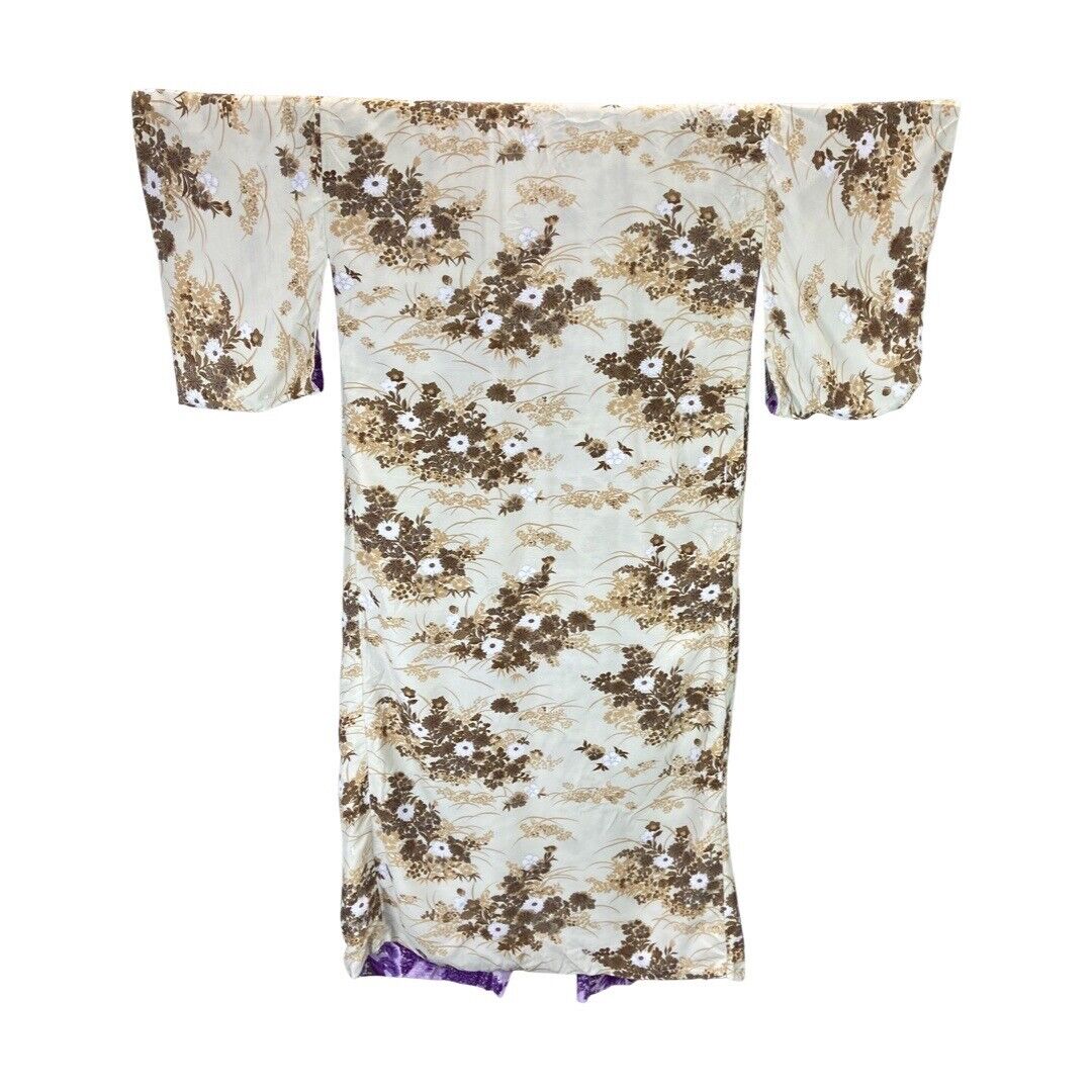 Vintage 80s 90s Beige Purple Floral Geometric Reversible Komon Kimono 14 16 L