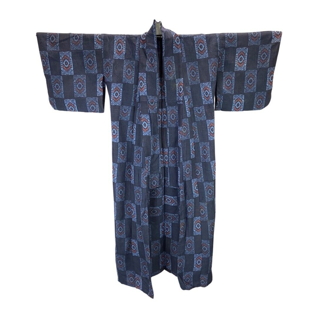 Vintage 80s 90s Navy Indigo Blue Geometric Print Komon Showa Kimono 18 20 XL