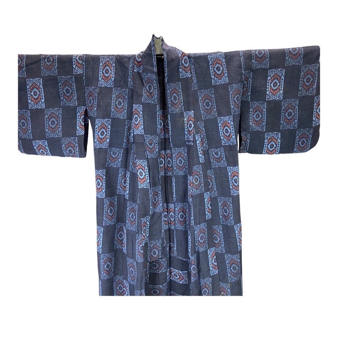 Vintage 80s 90s Navy Indigo Blue Geometric Print Komon Showa Kimono 18 20 XL