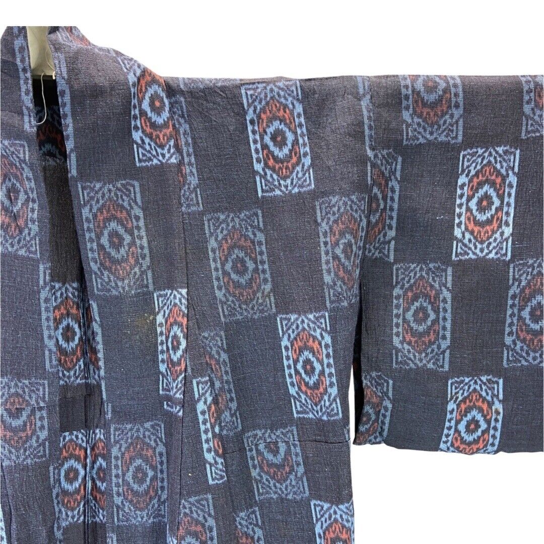 Vintage 80s 90s Navy Indigo Blue Geometric Print Komon Showa Kimono 18 20 XL