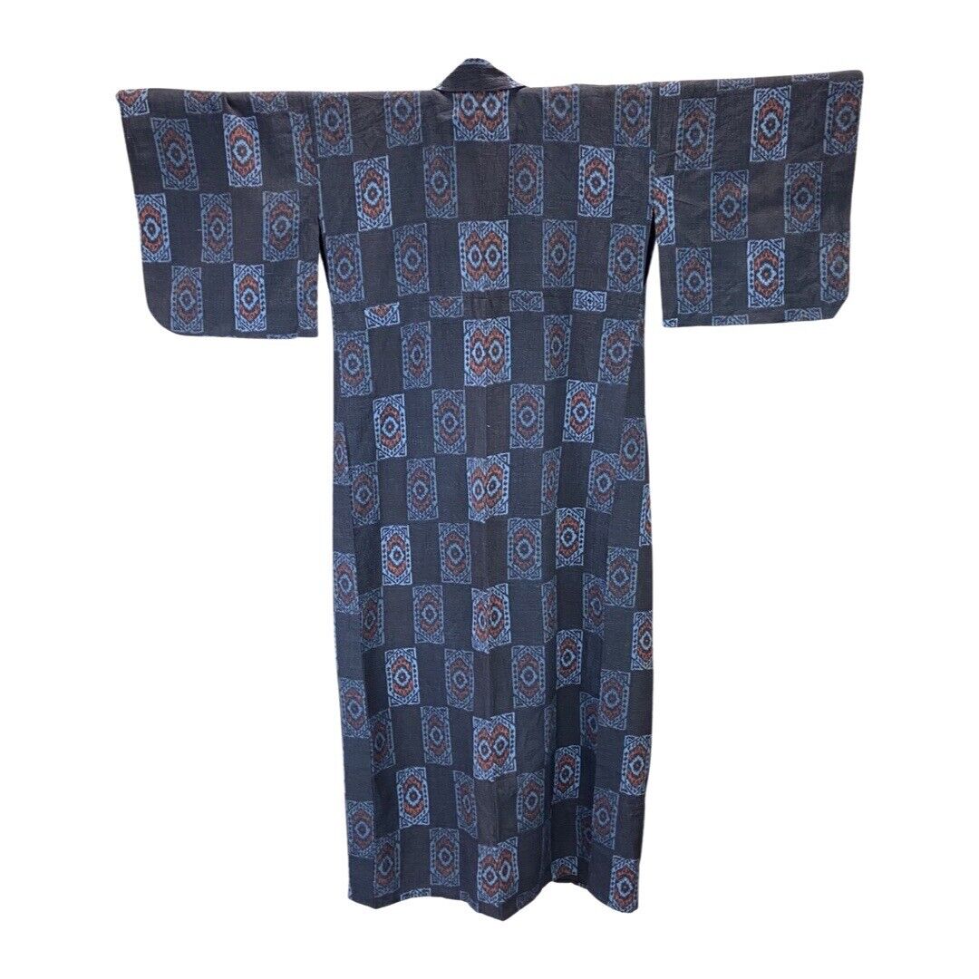 Vintage 80s 90s Navy Indigo Blue Geometric Print Komon Showa Kimono 18 20 XL