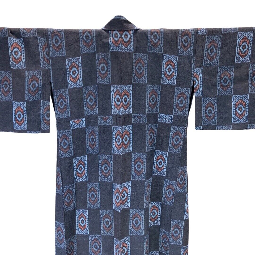 Vintage 80s 90s Navy Indigo Blue Geometric Print Komon Showa Kimono 18 20 XL