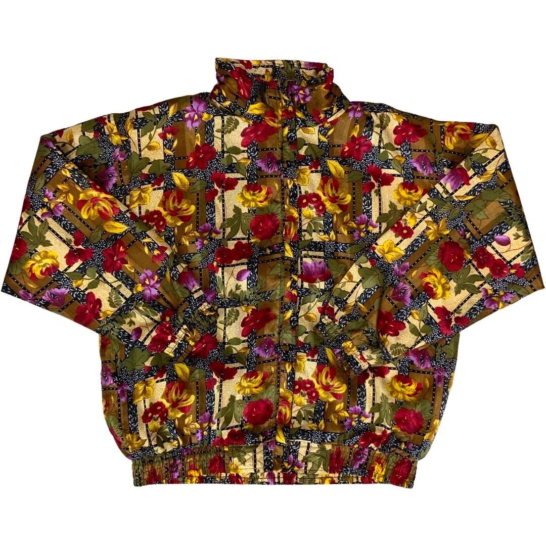 Vintage 80s 90s Green Red ARGEE Sports Floral Patterned Shell Bomber Jacket