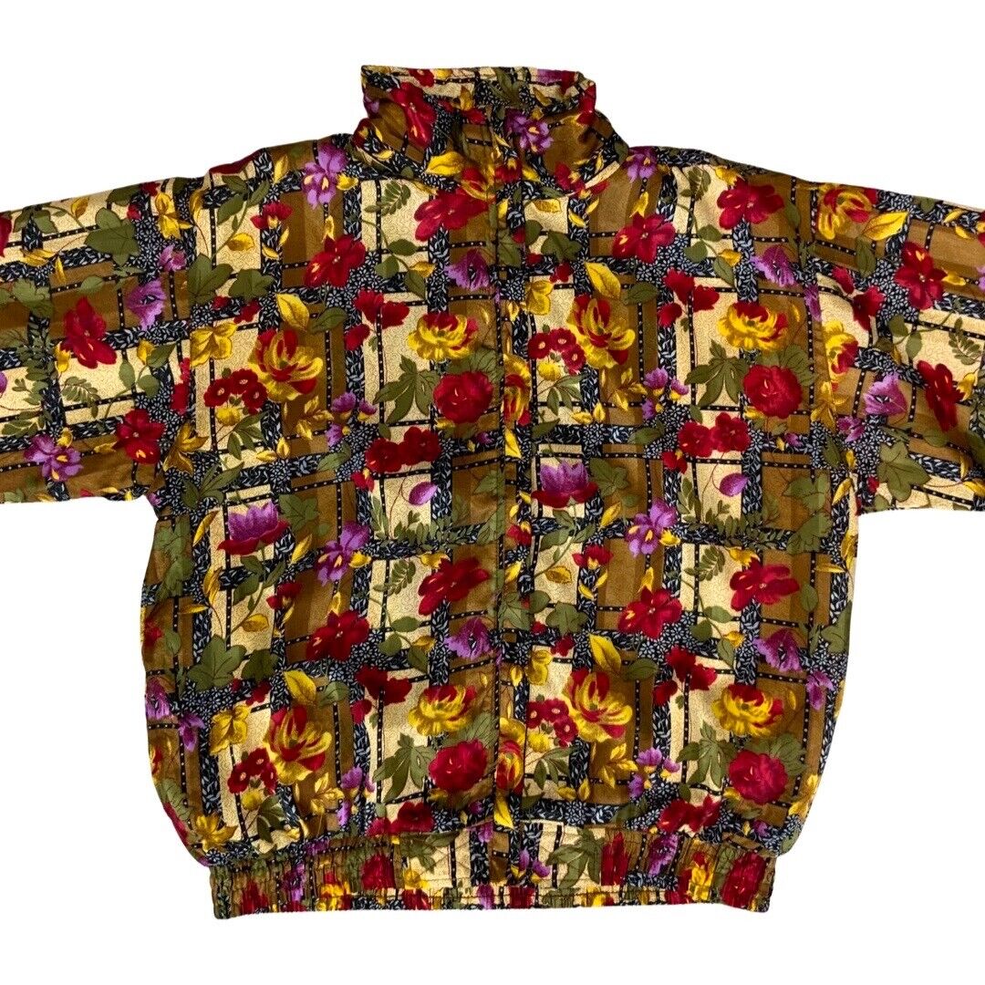 Vintage 80s 90s Green Red ARGEE Sports Floral Patterned Shell Bomber Jacket