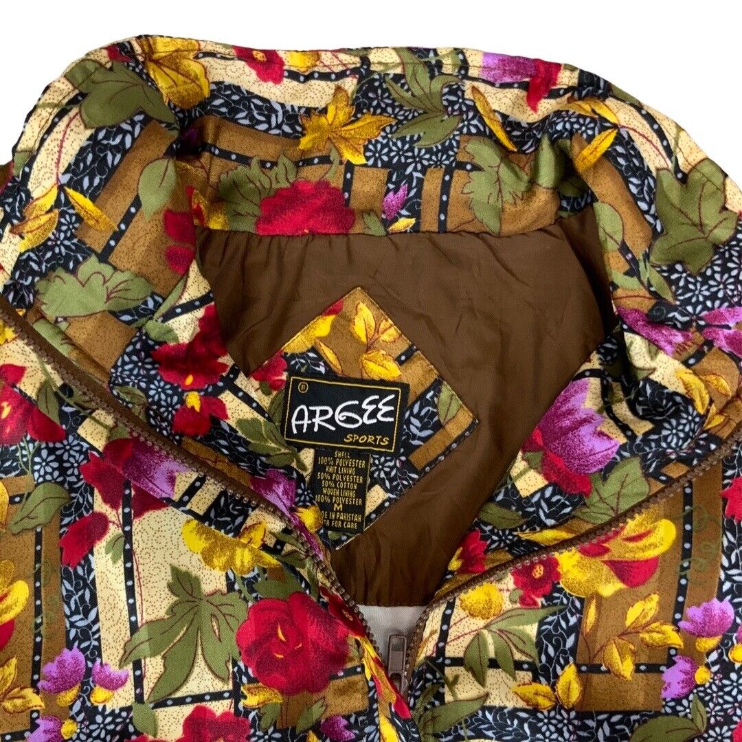 Vintage 80s 90s Green Red ARGEE Sports Floral Patterned Shell Bomber Jacket