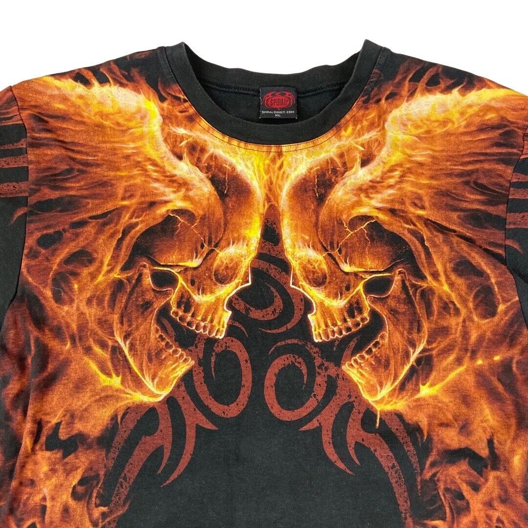 Vintage 00s Y2k Spiral Direct Tribal Flaming Skull Double Sided Graphic Tee XL