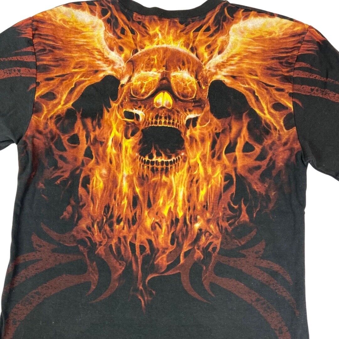 Vintage 00s Y2k Spiral Direct Tribal Flaming Skull Double Sided Graphic Tee XL