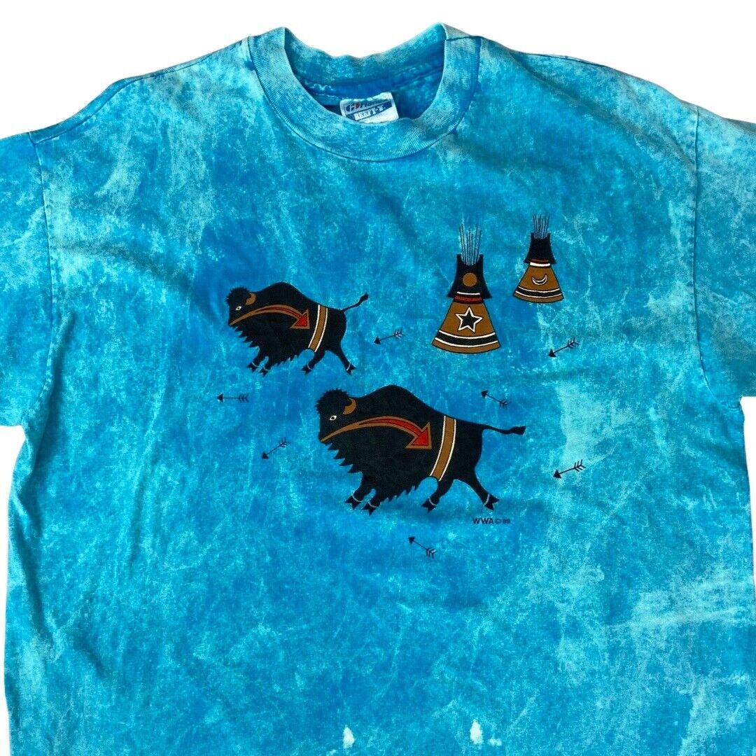 VTG 1989 Blue Tie Dye Native American Wild West Artwear Buffalo Graphic Tee LRG