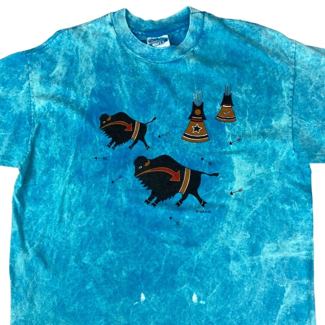 VTG 1989 Blue Tie Dye Native American Wild West Artwear Buffalo Graphic Tee LRG