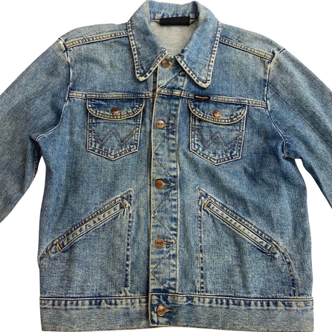 VTG 70s DENIM WRANGLER TRUCKER RODEO JACKET MOD ROCKABILLY BIKER BOMBER 38” S