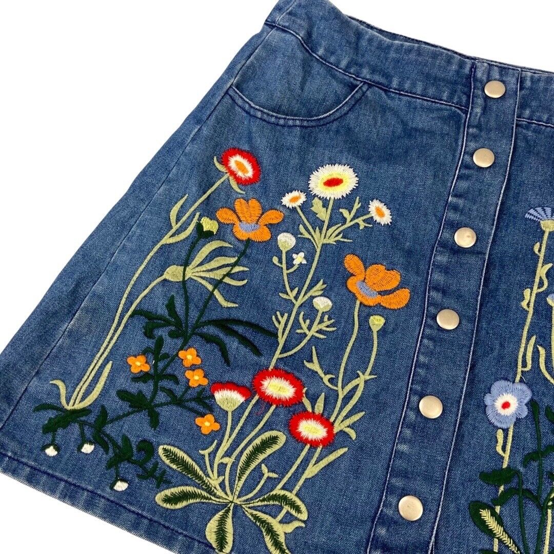 Vintage 90s 00s Blue Embroidered Button Floral A-Line Mini Skirt 8 10 S
