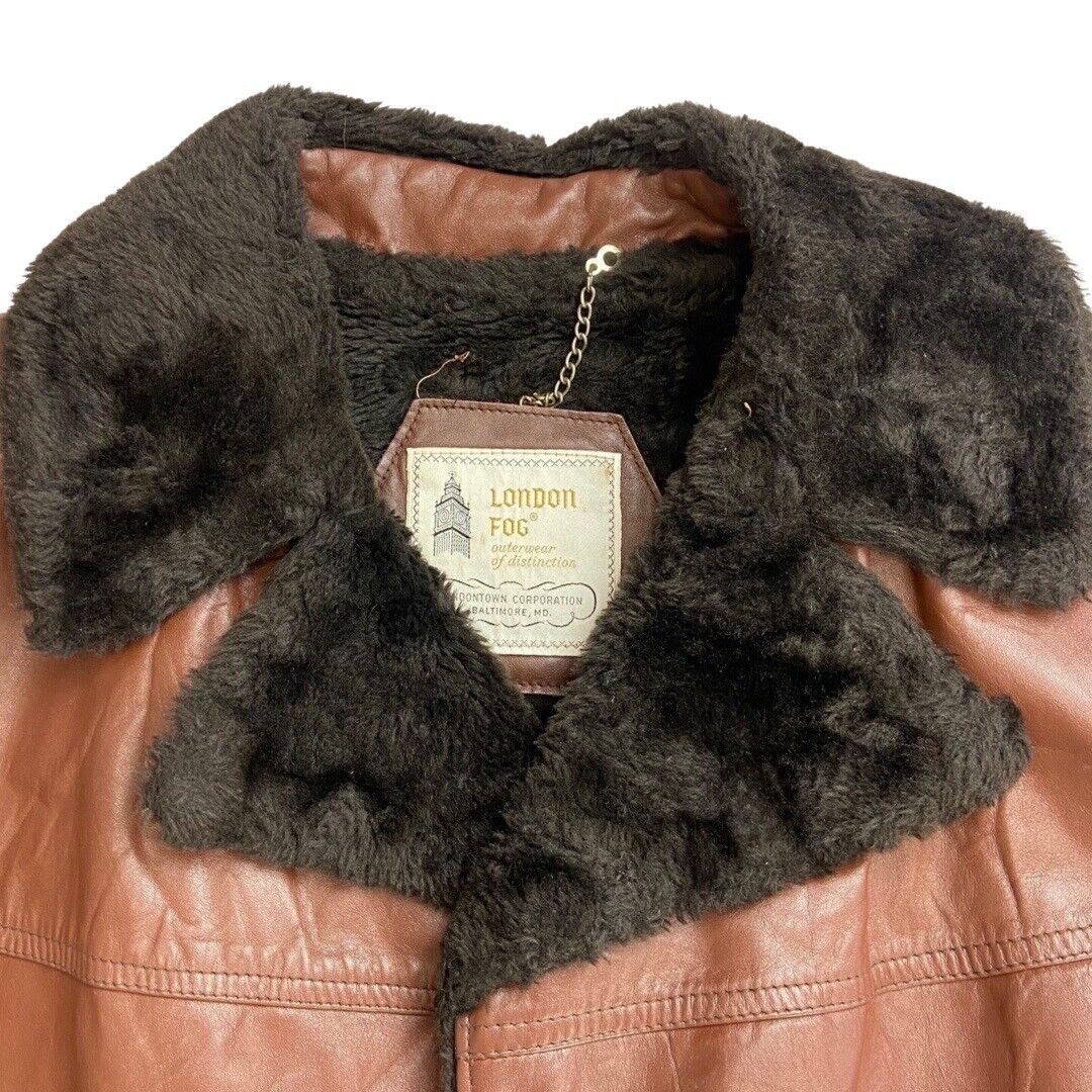 VTG 70s USA MENS LONDON FOG BROWN NAPPA LEATHER SHERPA COLLAR CAR COAT 42” L