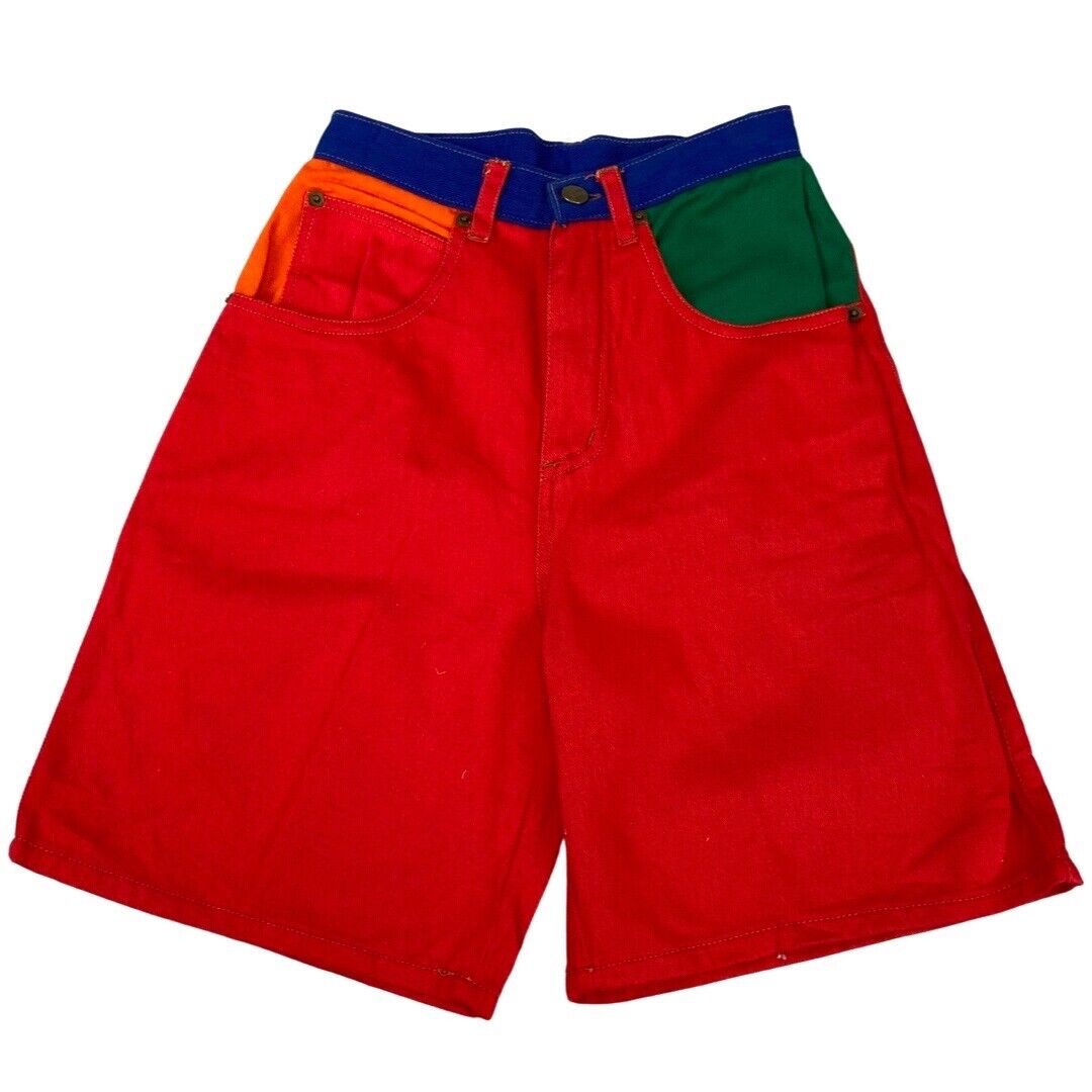 Vintage 80s 90s Red Orange Blue Colour Block High Waisted Shorts 6 8 XS