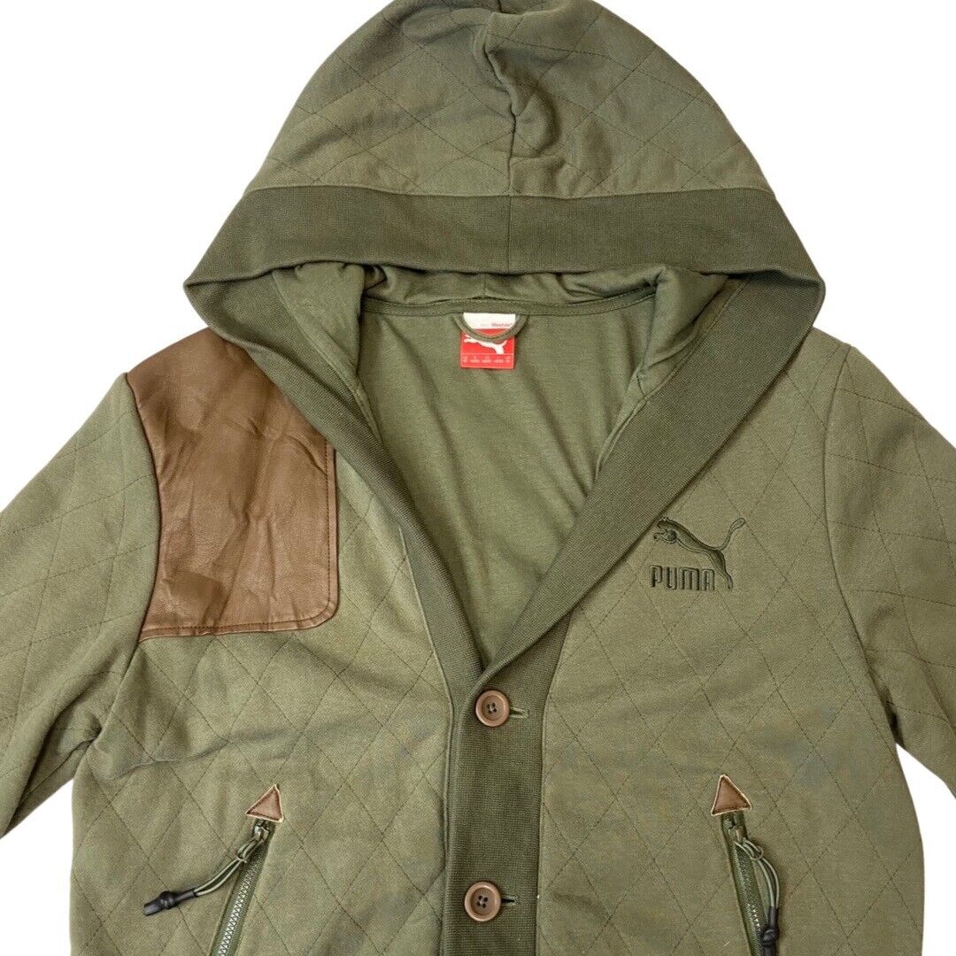 2000s Khaki Green & Brown Puma Button-Up Hooded Jacket Large SAMPLE