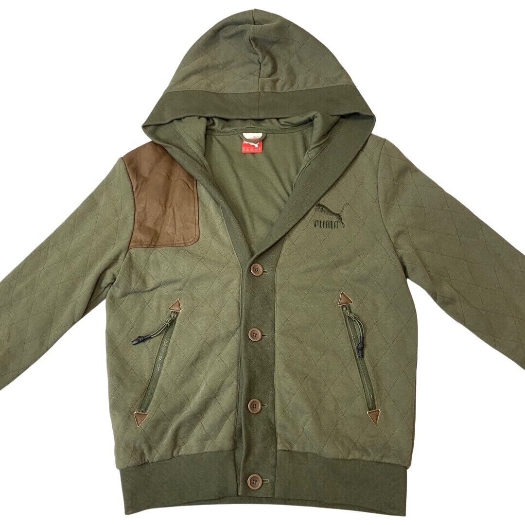 2000s Khaki Green & Brown Puma Button-Up Hooded Jacket Large SAMPLE